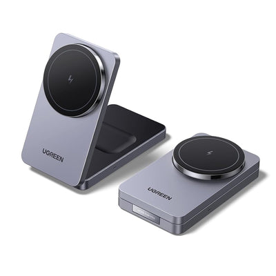 UGREEN MagFlow Wireless Charger 15W, 2 in 1 Magnetic Charging Station Qi Certified Fast Charging Stand, Foldable Magsafe Charger Compatible with iPhone 16/15/14/13/12, AirPods 4/3/2, with 1M Cable