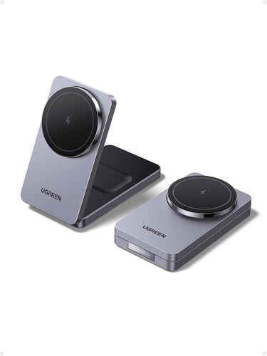 UGREEN MagFlow Wireless Charger 15W, 2 in 1 Magnetic Charging Station Qi Certified Fast Charging Stand, Foldable Magsafe Charger Compatible with iPhone 16/15/14/13/12, AirPods 4/3/2, with 1M Cable