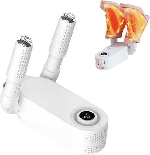 Portable Folding Shoe Dryer — 360° Hot Air | 4 Timer Settings | Travel Ready | White