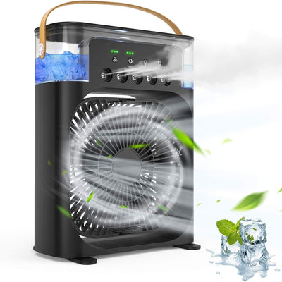 Portable Humidifier Fan AIr Conditioner Household Small Air Cooler Hydrocooling Portable Air Adjustment 3 Speed Fan,USB Electric Fan LED Night Light. (Black)