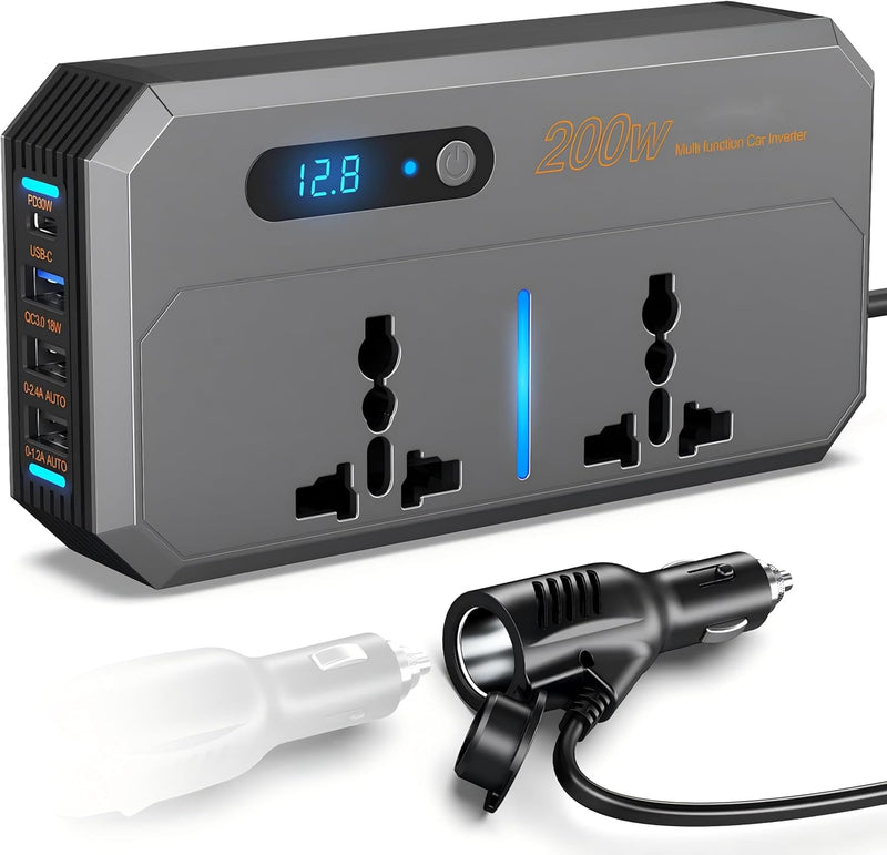 Car Power Inverter 200W — DC 12V to 220V AC | Dual AC + USB & Type‑C | LED Display