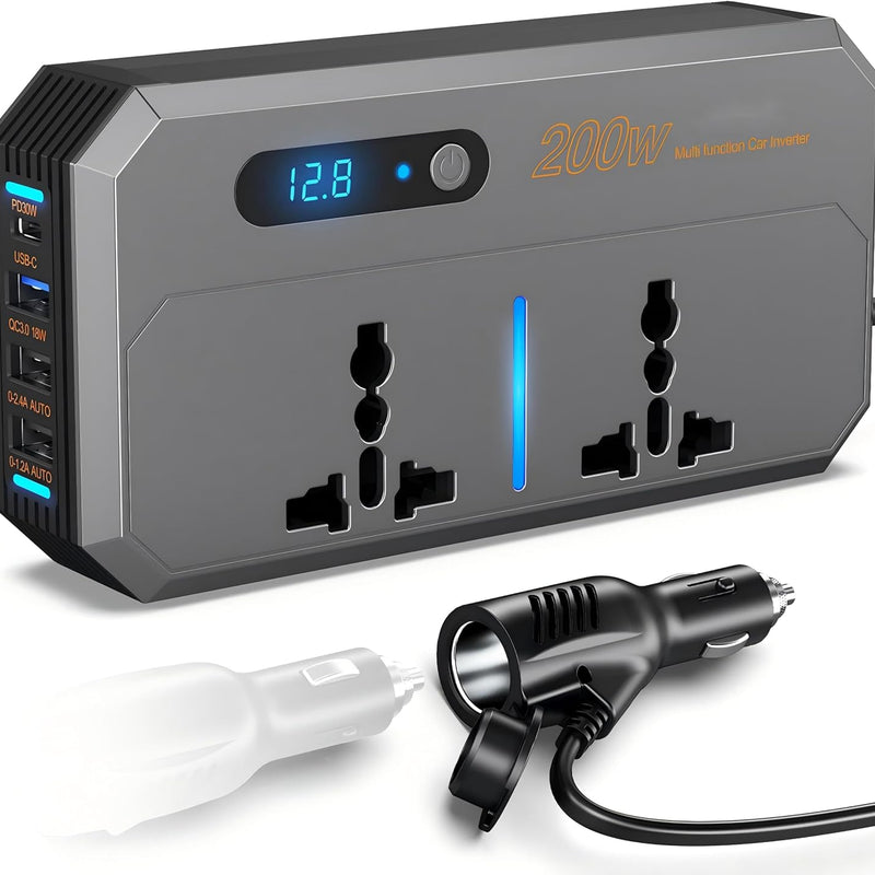 Car Power Inverter 200W — DC 12V to 220V AC | Dual AC + USB & Type‑C | LED Display